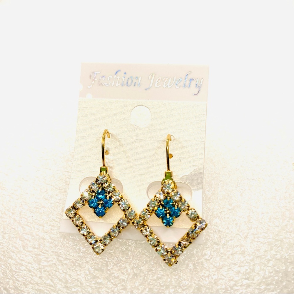 Earrings Teal Crystal Geometric Pierced